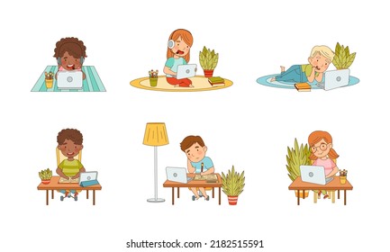 Elementary school students learning online using laptop computers set vector illustration