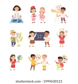 Elementary School Students at Learning Process Set, Cute Kids Having Math, Astronomy, Biology, Geography Lessons Cartoon Vector Illustration