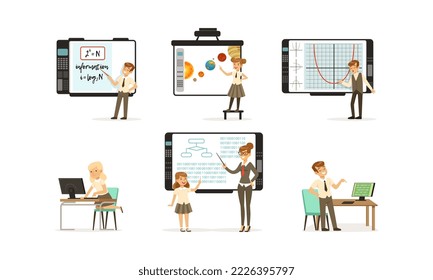 Elementary school students at programming lesson. Cute cheerful boys and girls in school uniform programming and presenting projects vector illustration