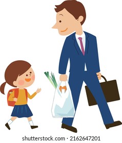 Elementary school students returning together and dad returning from work