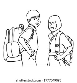 estudiantes de primaria sonríen Monoline Illustration