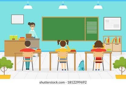 Estudiantes de primaria en aula, profesor explicando lección, salón de clases, educación, regreso a la escuela, ilustración de vectores de dibujos animados