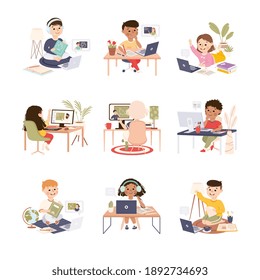 Elementary School Students Studying Online Using Laptop Computers Set, Homeschooling, Distance Learning Concept Cartoon Style Vector Illustration