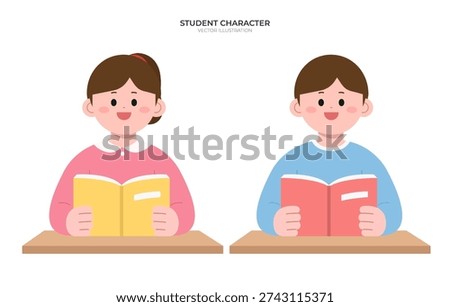 Elementary School Students in School Uniform Reading Books and Studying Illustration