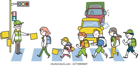 Elementary school students who go to and from school energetically under the supervision of traffic guidance volunteers Illustration material										
