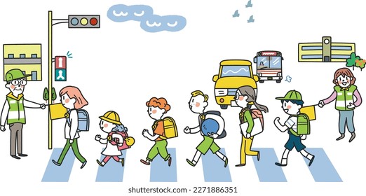 Estudiantes de primaria que van y salen de la escuela con energía bajo la supervisión de voluntarios de orientación de tráfico Material ilustrativo										
