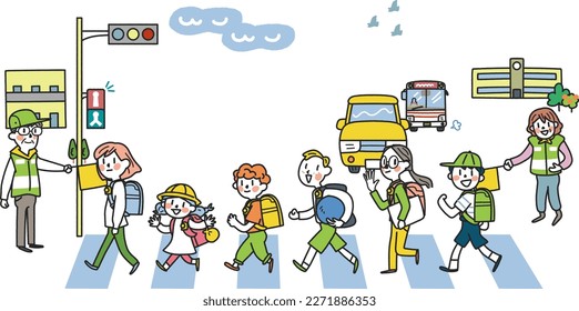 Elementary school students who go to and from school energetically under the supervision of traffic guidance volunteers Illustration material										
