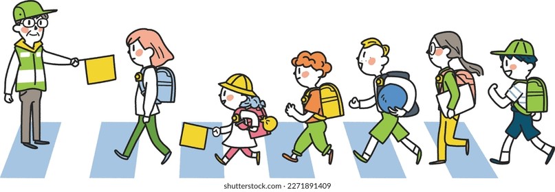 Elementary school students who go to and from school energetically under the supervision of traffic guidance volunteers Illustration material										
