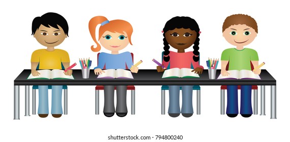 Elementary School Students Writing Their Desk Stock Vector (Royalty ...