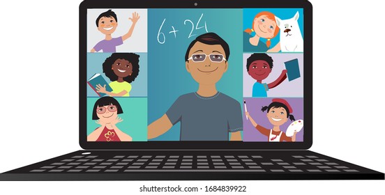 Elementary School Teacher Conducting A Lesson Via Video Chat With His Students, EPS 8 Vector Illustration