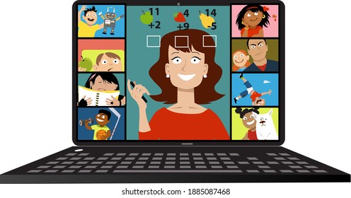 Elementary School Teacher Conducting A Lesson Via Video Chat With Her Students, EPS 8 Vector Illustration	