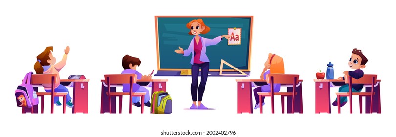 Elementary school teacher explaining abc material to pupils sitting by desks. Educator by blackboard, children raising hands to answer question. Clever class. Cartoon character, vector in flat style