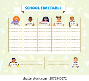 Elementary school timetable. Daily and weekly planner for kids. Weekly planner template with cartoon school kids and symbols on light background.