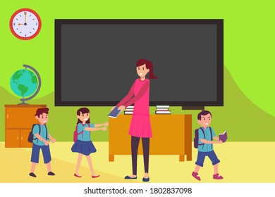 Elementary school vector concept: female teacher giving books to her elementary students happily in the classroom