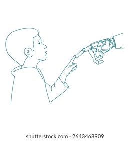 Elementary Schoolboy Touching Robotic Hand