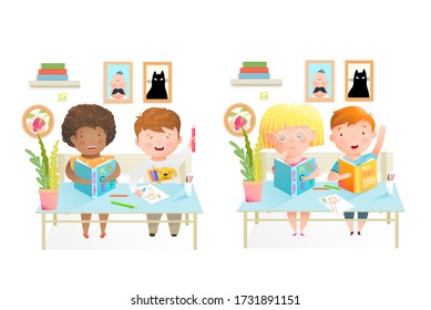 Elementary schoolchildren sitting at the desk, studying, reading books and drawing with color pencils. Cute kids education, classroom illustration. Watercolor style vector cartoon.