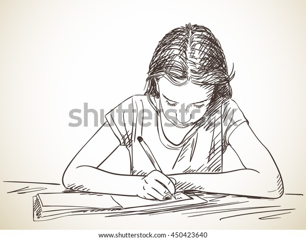 練習本で書く小学生の女の子 手描きのイラスト ベクタースケッチ のベクター画像素材 ロイヤリティフリー