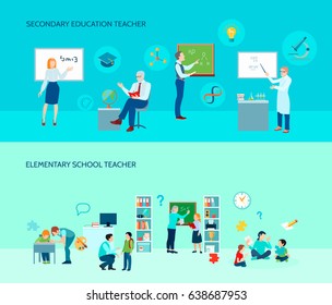 Elementary And Secondary Education School Teachers In Classroom 2 Flat Horizontal Background Banners Set Isolated Vector Illustration 