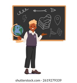 Elementary student cartoon boy character holding Earth globe standing nearby school chalkboard isolated on white background. Cute schoolboy feeling inspiration to study science vector illustration
