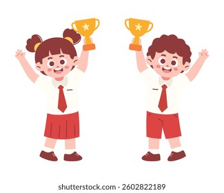 Elementary Students Holding Trophy for Education Concept