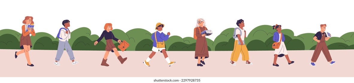 Elementary students, kids going to school. Happy children with backpacks, bags, books walking. Diverse girls and boys carrying rucksacks and textbooks. Schoolkids, pupils. Flat vector illustration