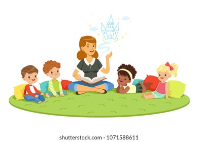 Elementary Students And Teacher. Children Education And Upbringing In The Kindergarden. Cartoon Detailed Colorful Illustrations