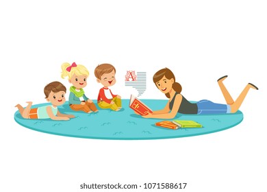 Elementary students and teacher. Children education and upbringing in the kindergarden. Cartoon detailed colorful Illustrations