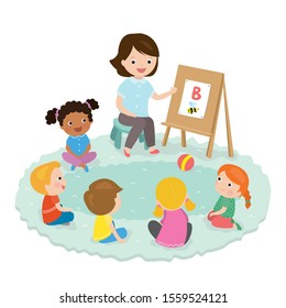 Elementary students and teacher. Children education and upbringing in the kindergarden. Woman and group of kids isolated on white background. Flat vector illustration