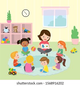 Elementary students and teacher. Children education and upbringing in the kindergarden. Woman and group of kids sitting in classroom. Interior with furniture. Flat vector illustration