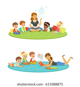 Elementary Students And Teacher. Children Education And Upbringing In The Kindergarden. Cartoon Detailed Colorful Illustrations