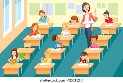 Elementary teacher having a class with large group of children.