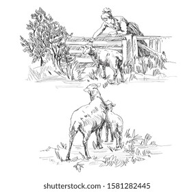 Element,motif with girl who is feeding sheepsin toile de jouy style