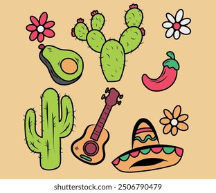 Elementos Mexicanos, Nopal, Chile, Guitarra, Sombrero, Aguacate, Flor