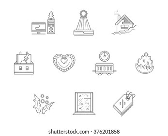 Elements and accessories for Christmas or New Year corporate party. Gift, travel, tag, online celebrations. Set of flat line vector icons. Elements of web design for business, website or mobile app.
