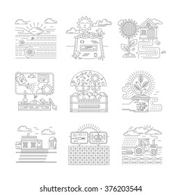 Elements of agricultural farming. Rural lifestyle. Harvesting, garden. Detailed flat line style vector icons collection. Web design elements for business, site, mobile app.