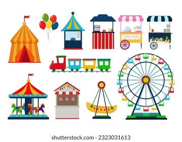 Elementos de un parque de atracciones, Rueda de la fortuna, carrusel, circo, tiendas de comestibles, galería de tiro. Ilustración vectorial.