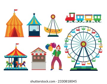 Elementos de un parque de atracciones, rueda de la fortuna, carrusel, circo, galería de tiro, columpio, tren, payaso, animador. Ilustración vectorial.