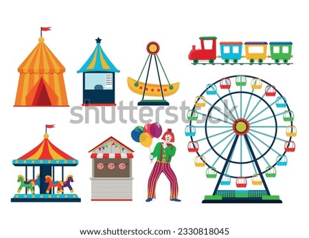 Elements of an amusement park, Ferris wheel, carousel, circus, shooting gallery, swing, train, clown, animator. Vector illustration.