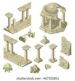 Elements of the ancient temple crumbling and overgrown grass. Vector illustration.

