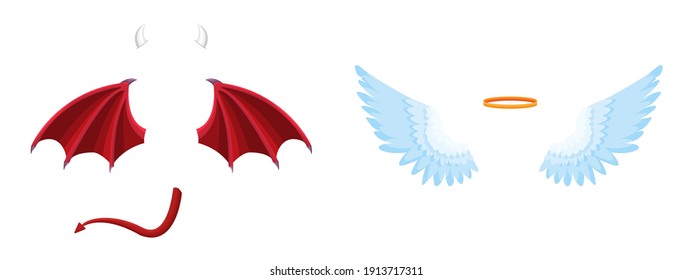 Elements of the angel and devil costume. Good and bad. Vector flat cartoon illustration.
