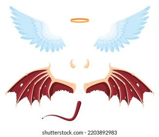 Elements of the angel and devil costume. Good and bad.
Vector illustration cartoon flat icon isolated on white background.