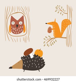 Elements with the animals in the forest on light background