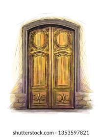 Elements of architecture, front door background, hand drawn old wooden door. Vector illustration