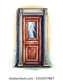 Elements of architecture, front door background, hand drawn old wooden door. Vector illustration