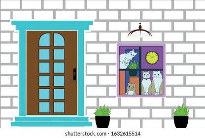 Elements of Architecture, Front Door Background, Parents and Children cats Watching Outside the Window, Vector, Illustration, Wall, Clock