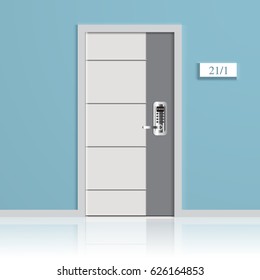 Elements of architecture, front doors background, closed digital door lock on blue wall, reflective floor, vector illustration.