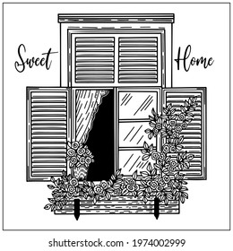 Elements of architecture, open window background. Window with shutters and flower pots on a wall. Doodle hand draw graphic. Cute vector illustration. Black and white Sketch style. House facade.