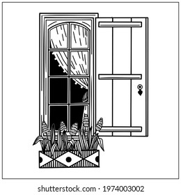 Elements of architecture, open window background. Window with shutters and flower pots on a wall. Doodle hand draw graphic. Cute vector illustration. Black and white Sketch style. House facade.