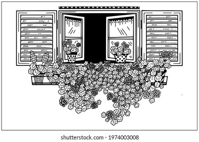 Elements of architecture, open window background. Window with shutters and flower pots on a wall. Doodle hand draw graphic. Cute vector illustration. Black and white Sketch style. House facade.