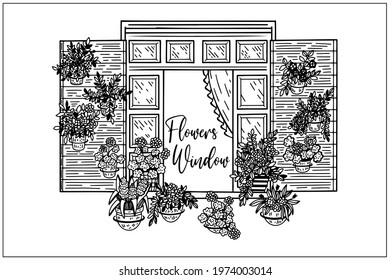 Elements of architecture, open window background. Window with shutters and flower pots on a wall. Doodle hand draw graphic. Cute vector illustration. Black and white Sketch style. House facade.